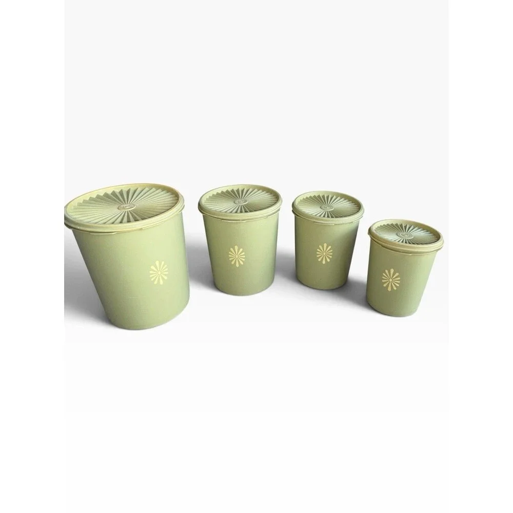 Vtg Tupperware Servalier Nesting Canister Set 1970s Retro Avocado Green Sunburst